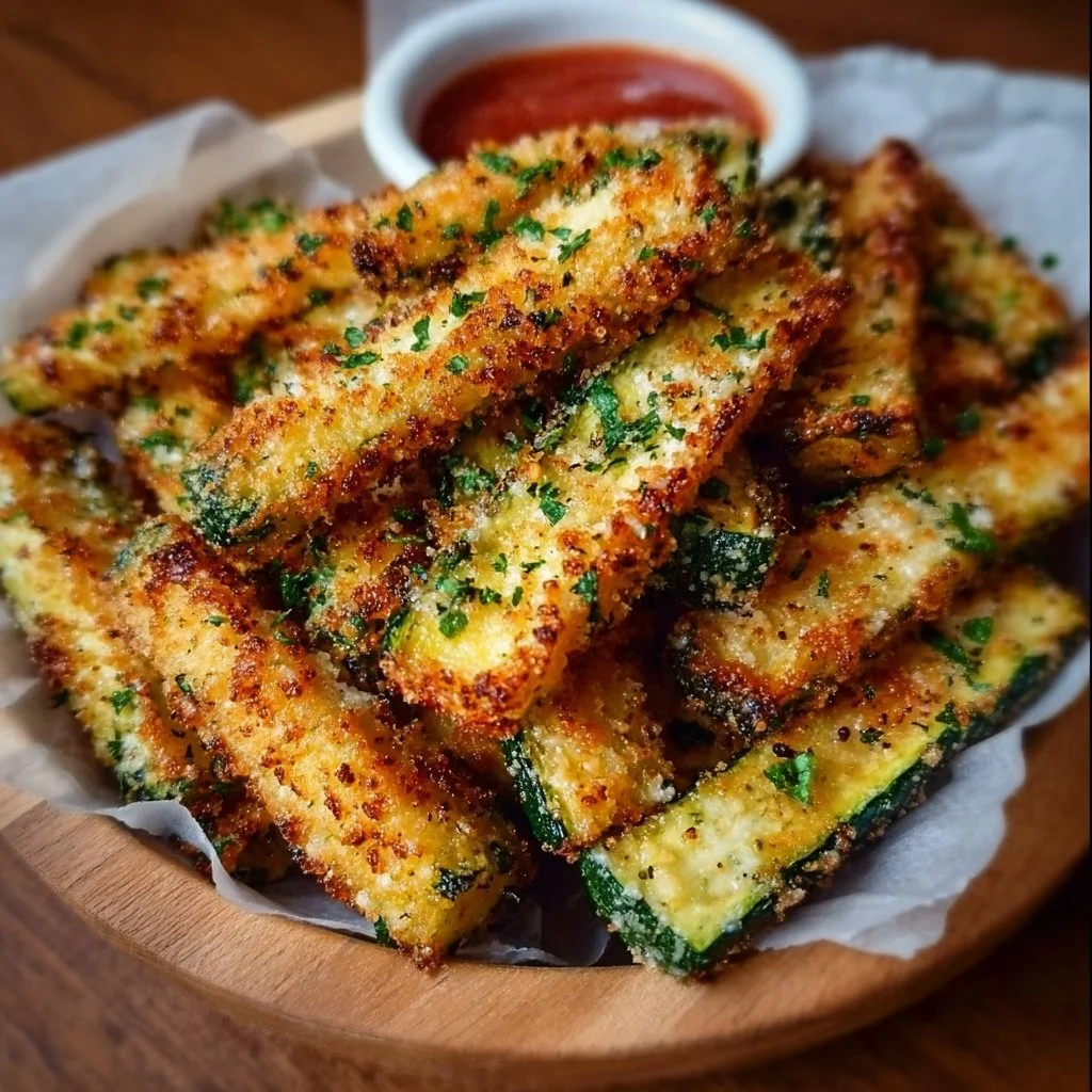 Crispy Parmesan garlic zucchini fries served on a plate