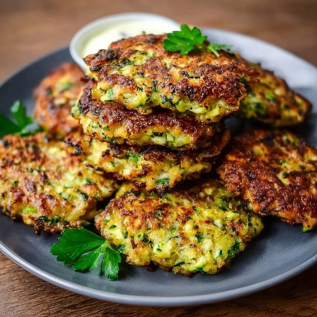 Crispy zucchini fritters served on a plate with dipping sauce