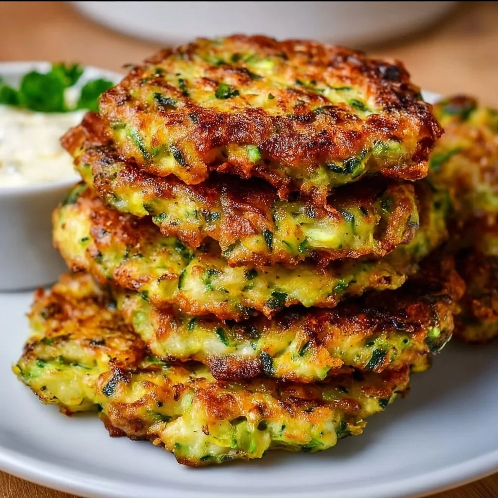 Crispy zucchini fritters served on a plate with dipping sauce