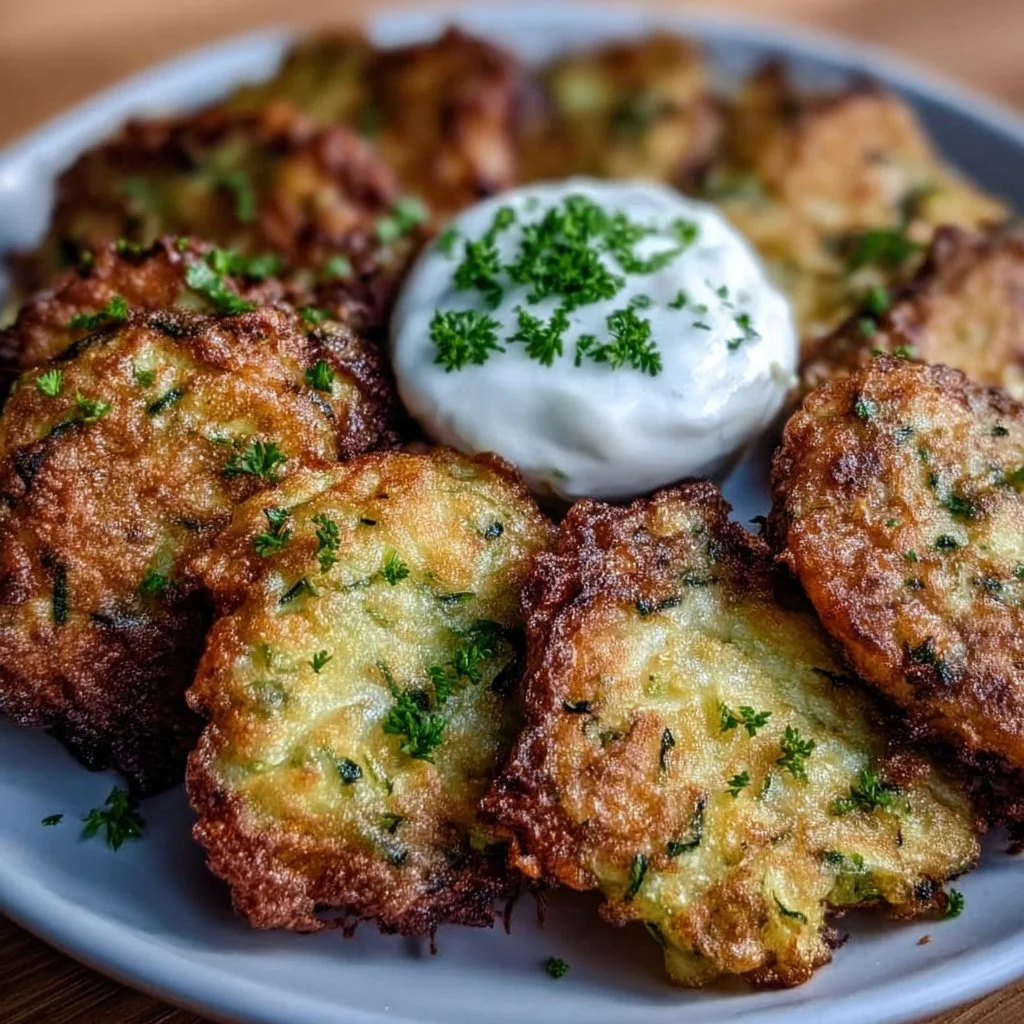 Plate of crispy zucchini fritters served with dipping sauce