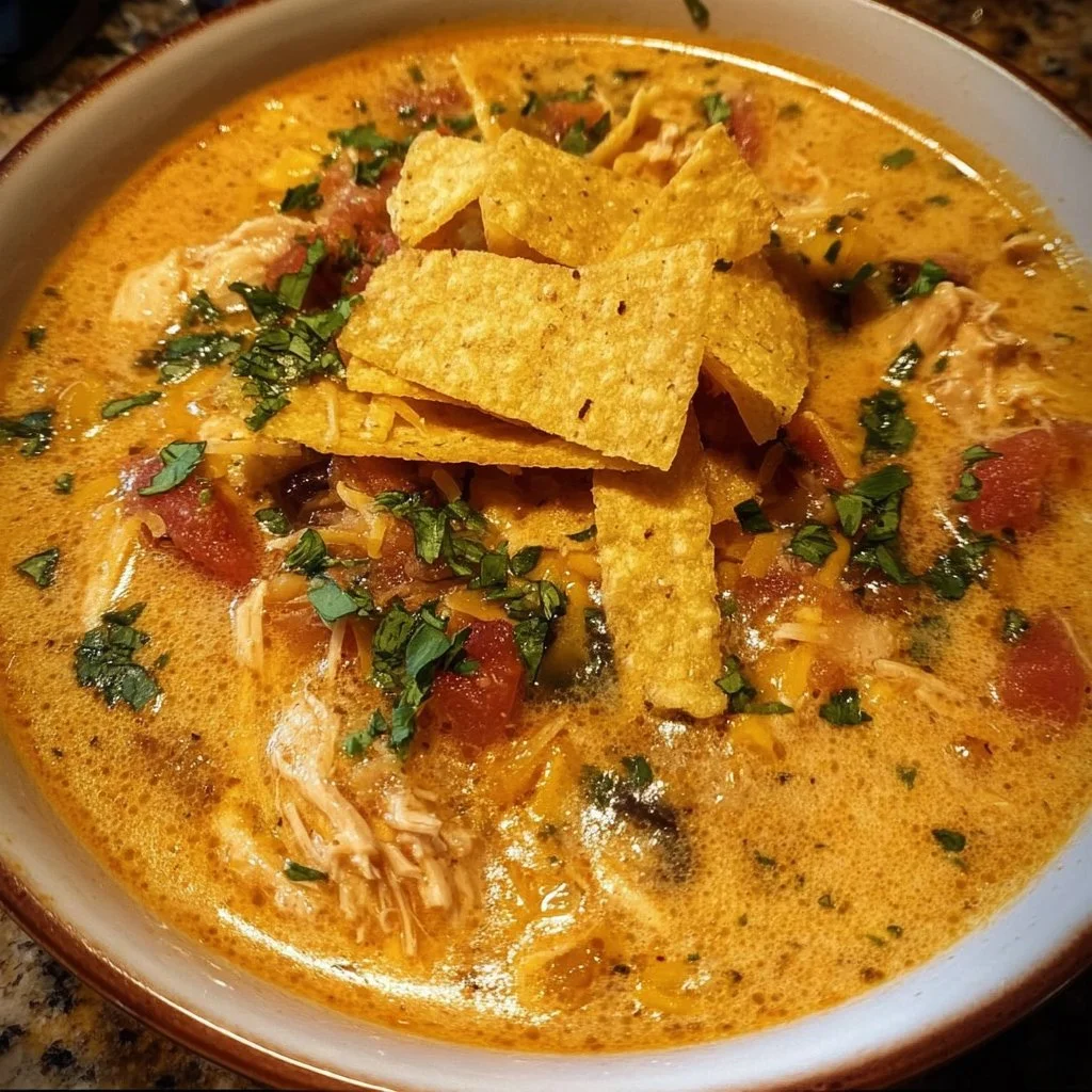 Crock Pot Creamy Chicken Tortilla Soup garnished with tortilla strips and cilantro