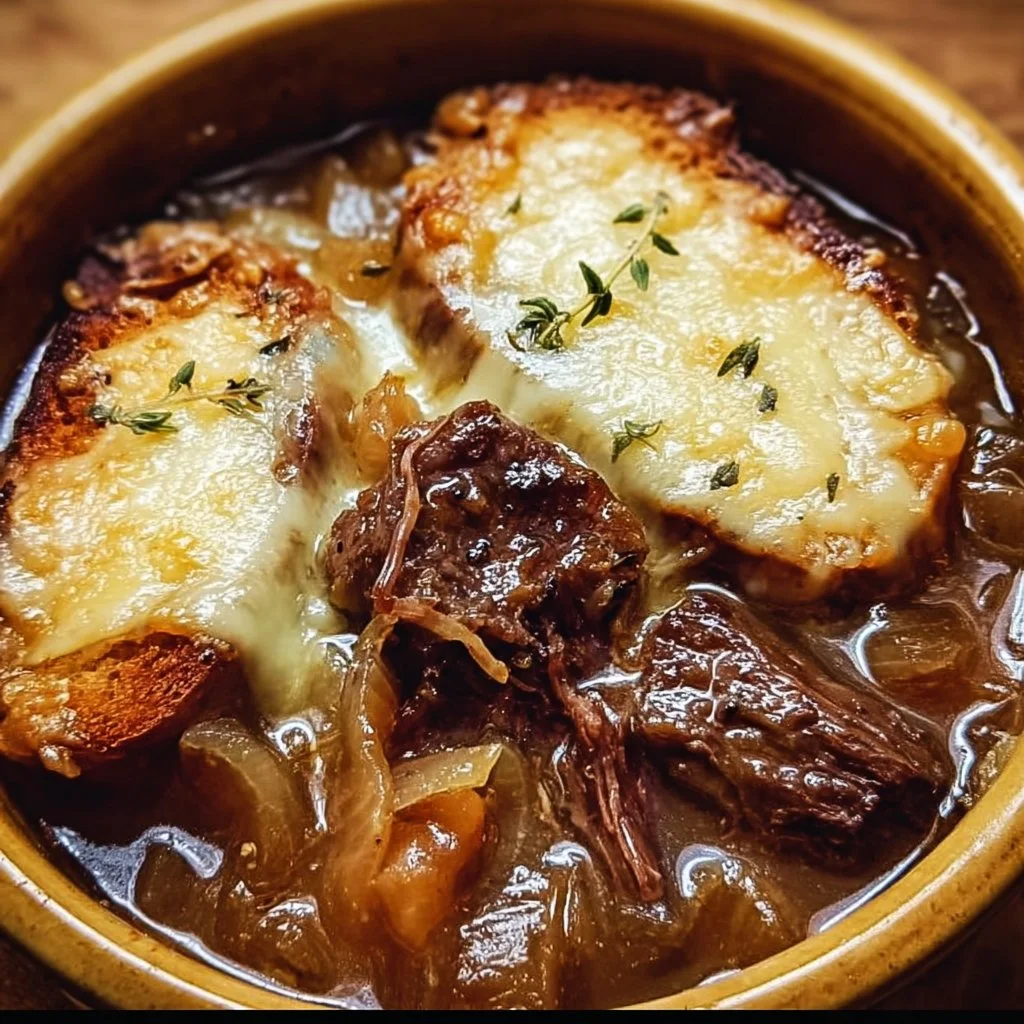 Crockpot French Onion Short Rib Soup garnished with herbs and cheese