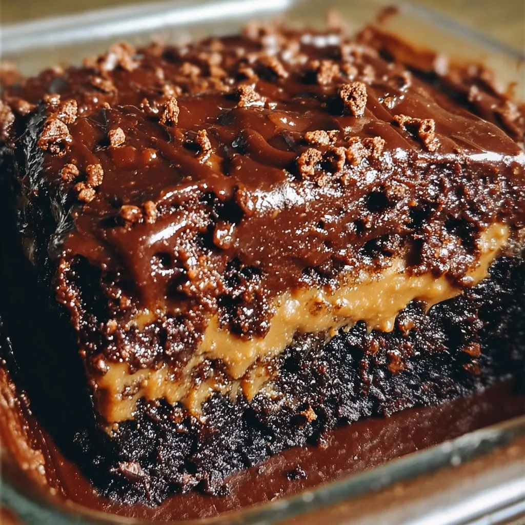 Delectable chocolate peanut butter dump cake served on a plate