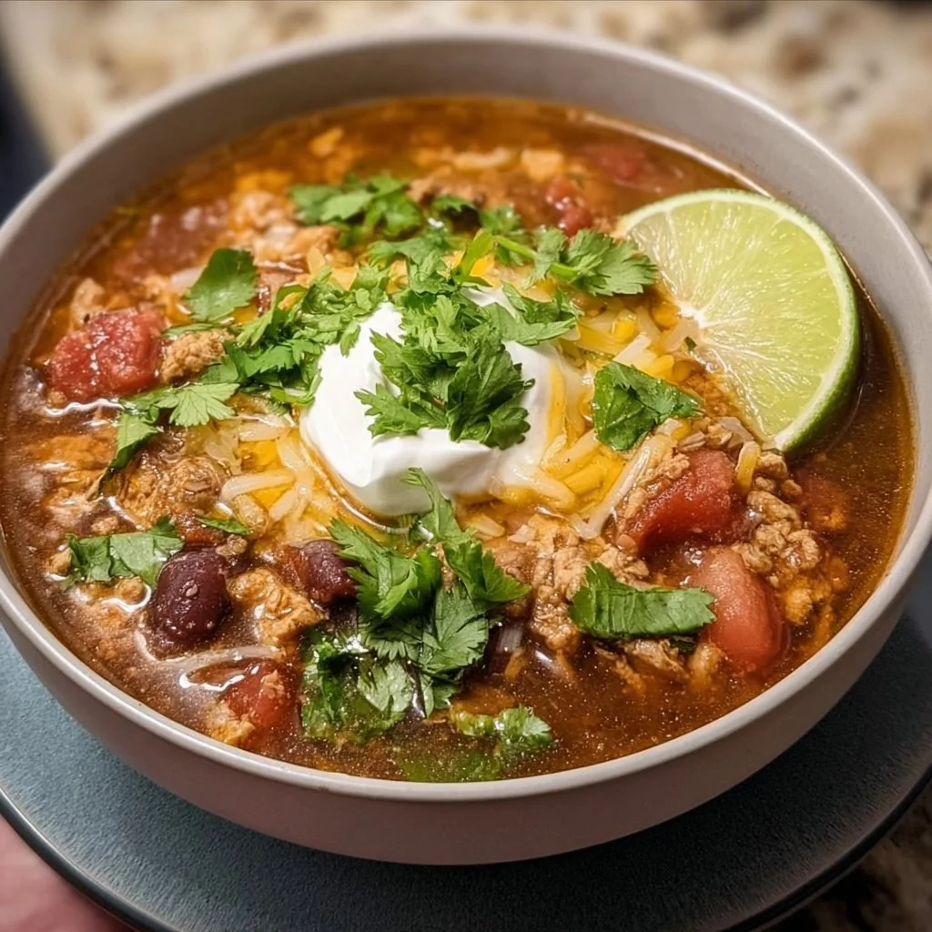 A comforting bowl of delicious taco soup topped with fresh ingredients