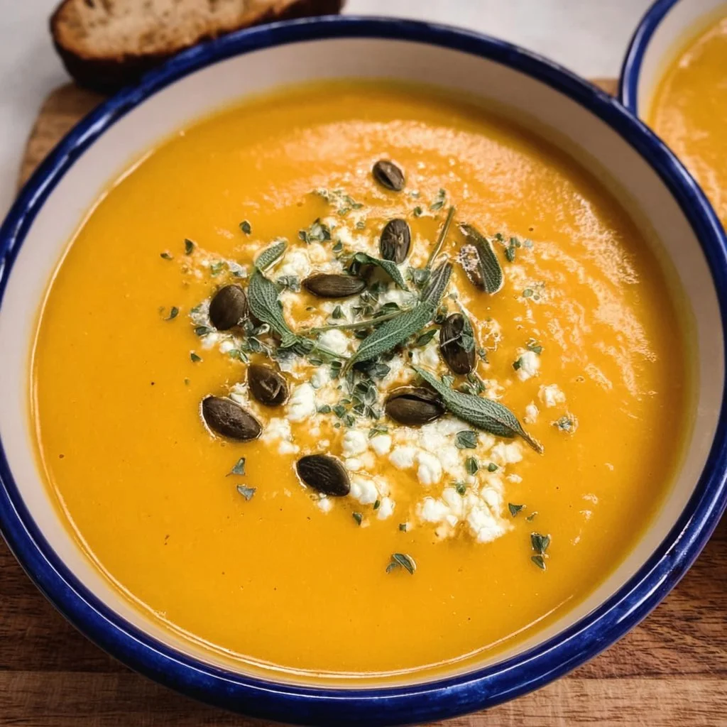 Bowl of easy 6-ingredient butternut squash soup garnished with herbs
