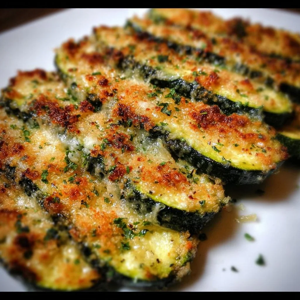 Plate of easy baked Parmesan zucchini slices seasoned and ready to enjoy