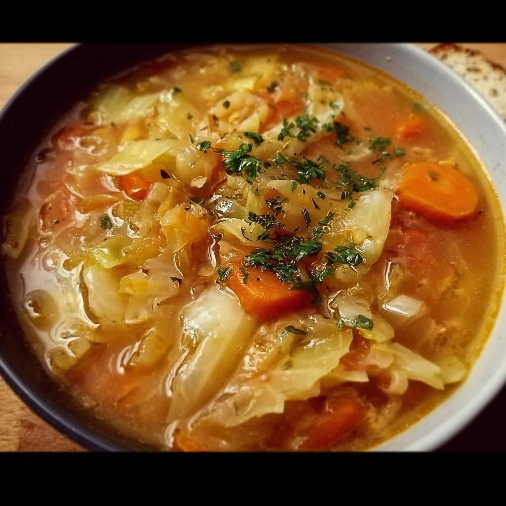 Bowl of easy cabbage soup filled with fresh vegetables