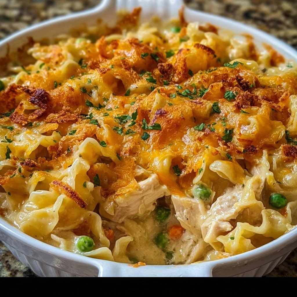 Delicious easy chicken noodle casserole dish on a table