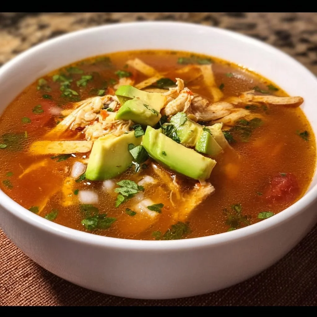 Bowl of easy chicken tortilla soup garnished with avocado and tortilla strips