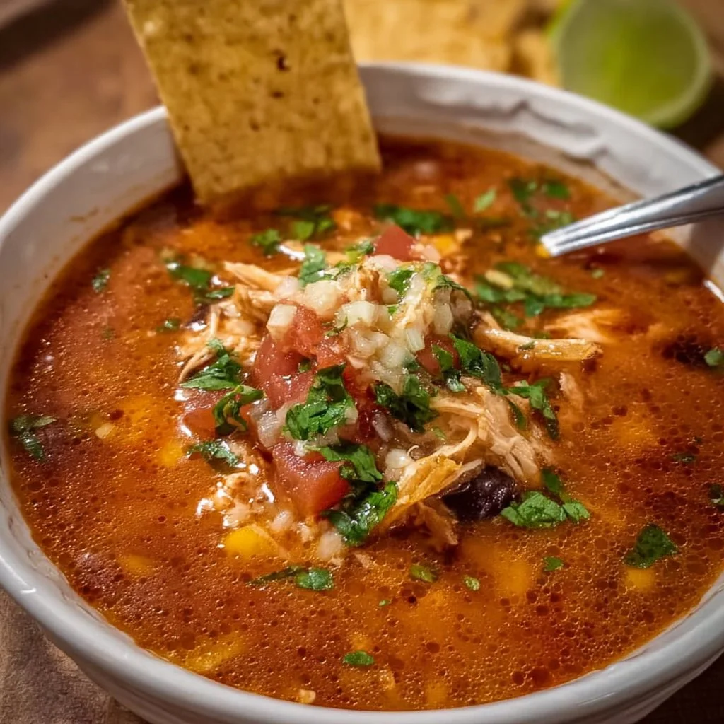 Bowl of easy chicken tortilla soup topped with crispy tortilla strips and lime