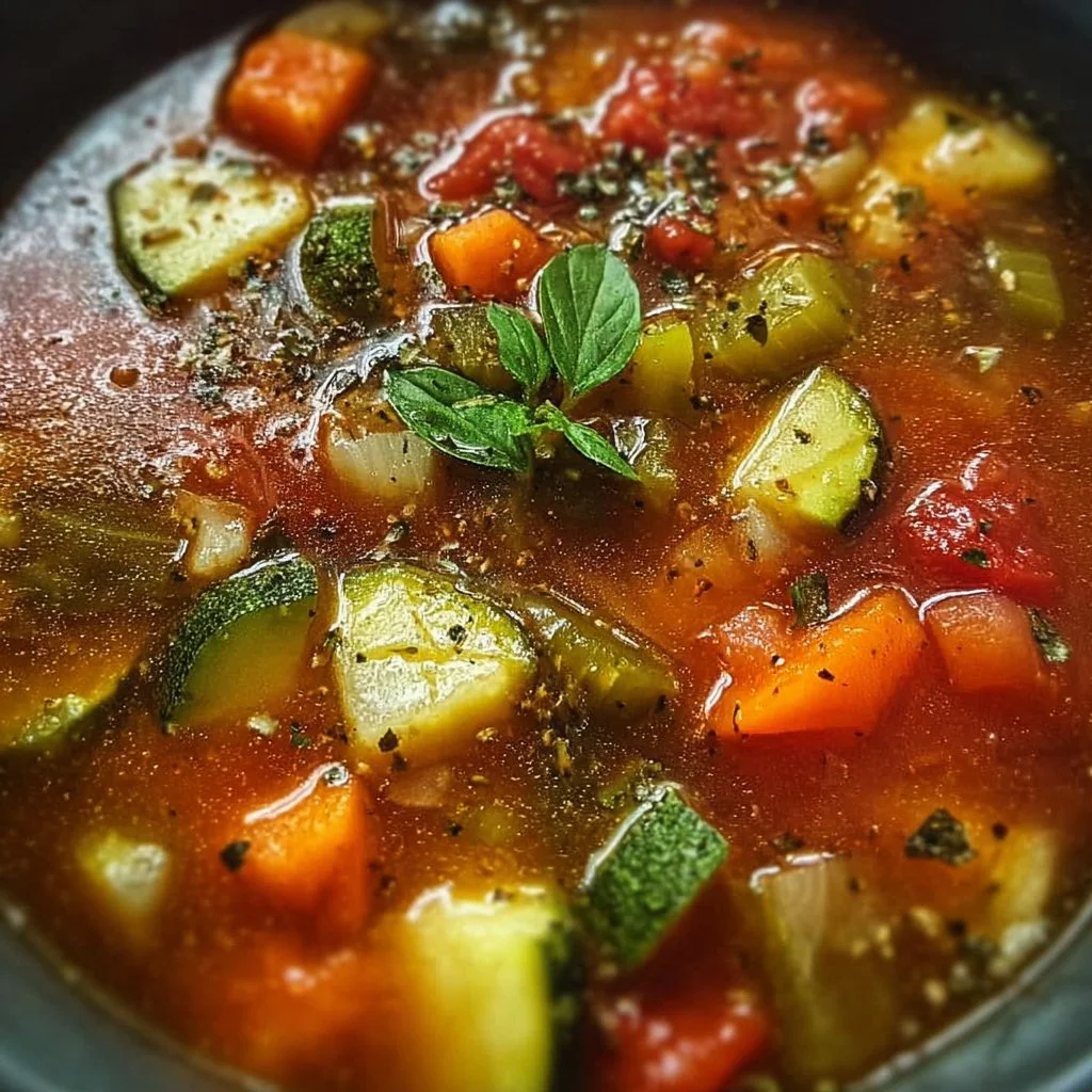 Bowl of Easy Peasy Vegetable Soup with fresh vegetables