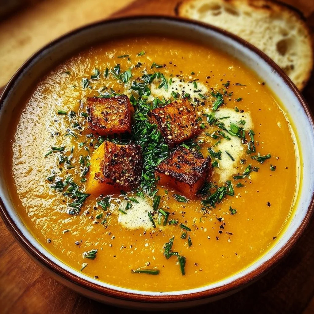 Bowl of creamy roasted butternut squash soup garnished with herbs