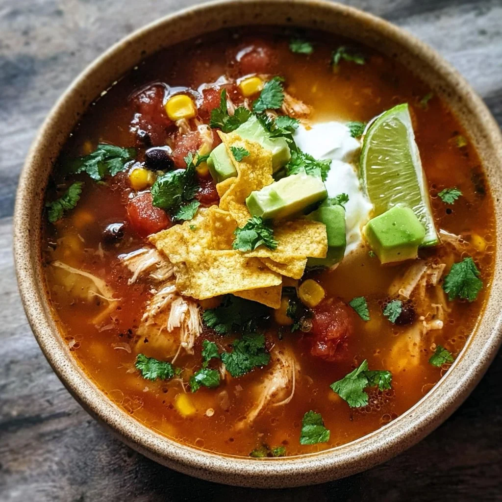 Bowl of easy slow cooker chicken tortilla soup topped with tortilla strips and cilantro.