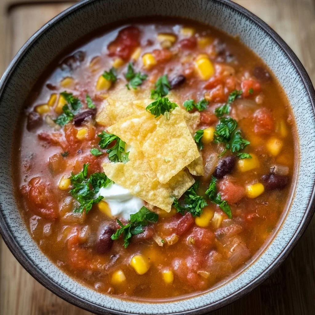 Bowl of easy taco soup topped with cheese and cilantro
