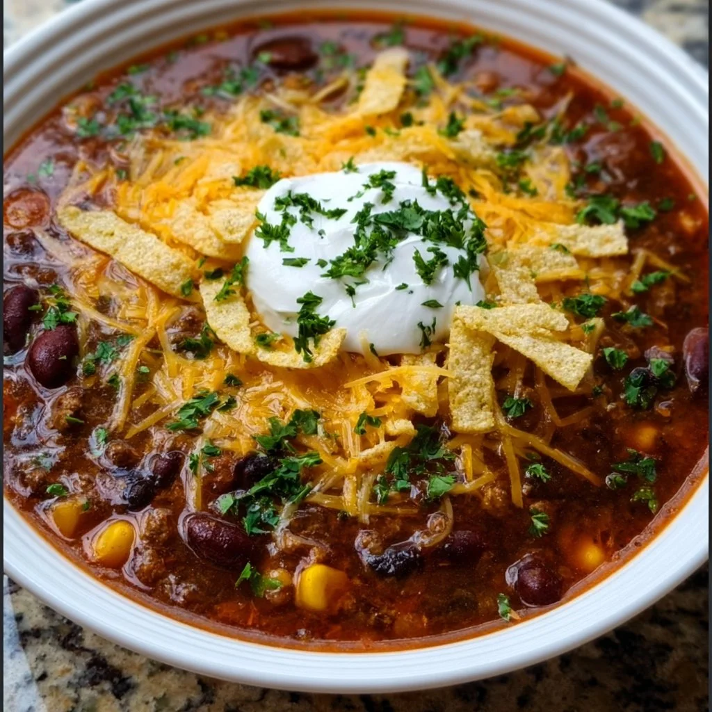 Bowl of easy taco soup topped with cheese and cilantro