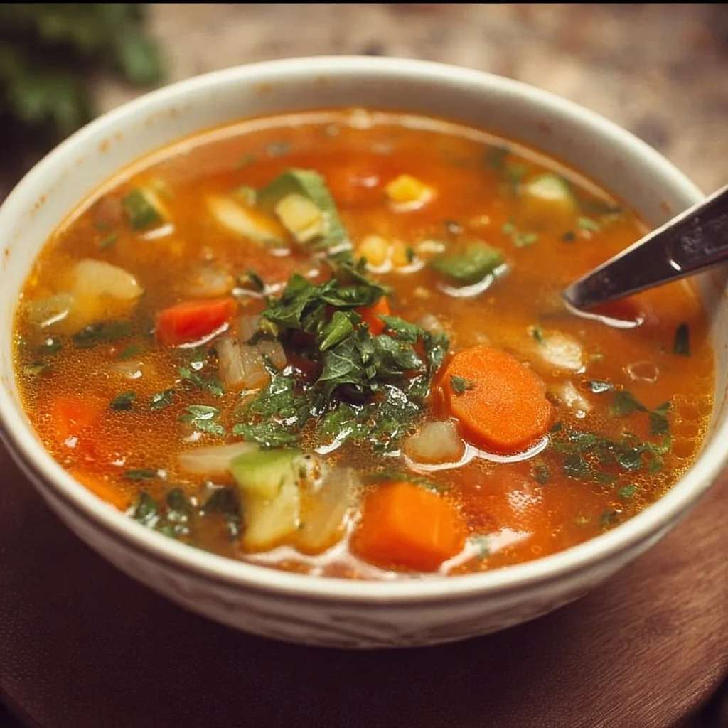 Bowl of easy vegetable soup with colorful fresh vegetables