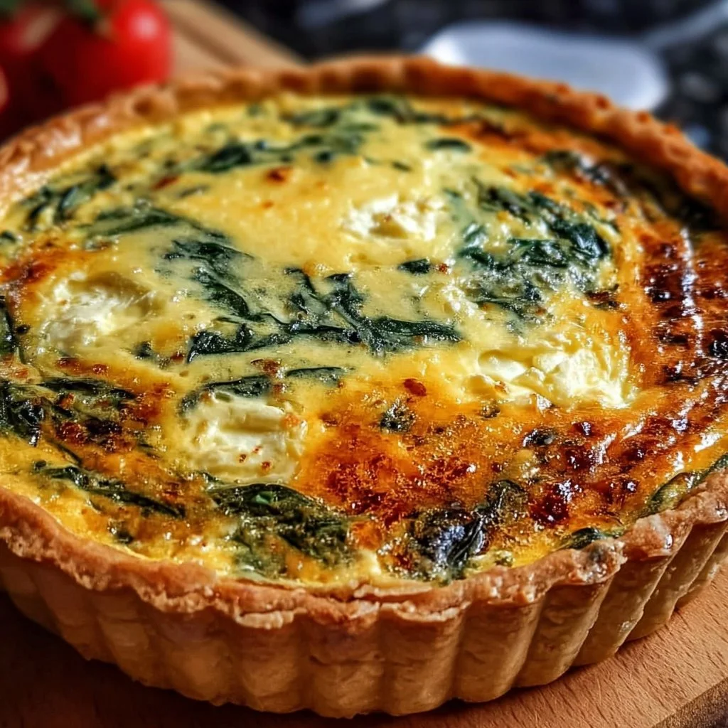 Elegant ricotta and spinach quiche served on a white plate.