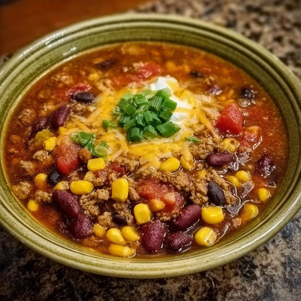 Bowl of flavorful taco soup with toppings and garnishes