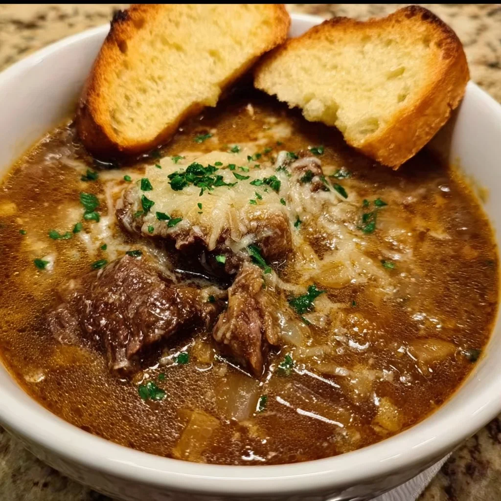 Delicious bowl of French Onion Beef Short Rib Soup topped with cheese and herbs