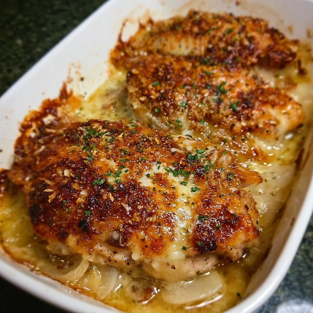French Onion Chicken Bake topped with melted cheese and caramelized onions