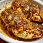 French onion chicken breast plated with melted cheese and caramelized onions
