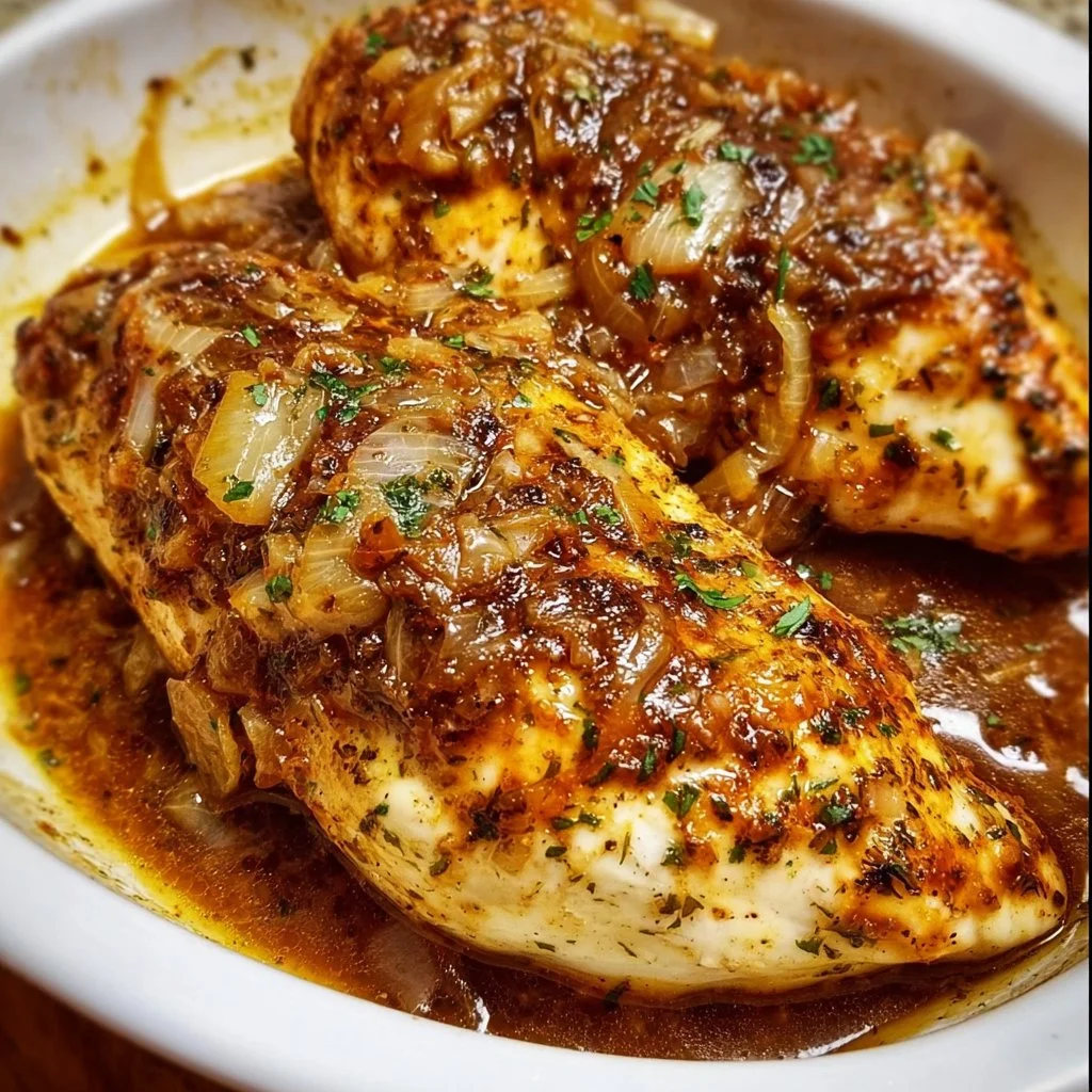 French onion chicken breast plated with melted cheese and caramelized onions
