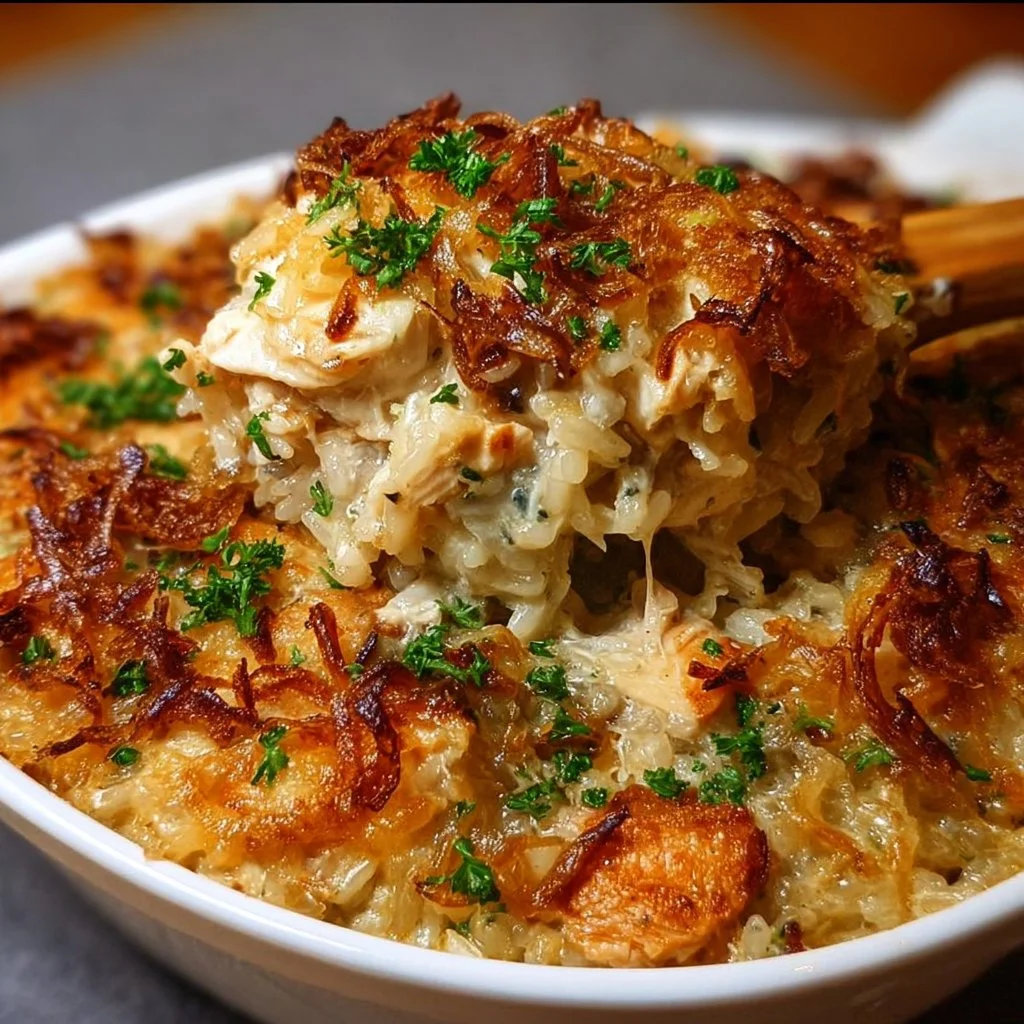 Delicious French onion chicken rice casserole served in a baking dish