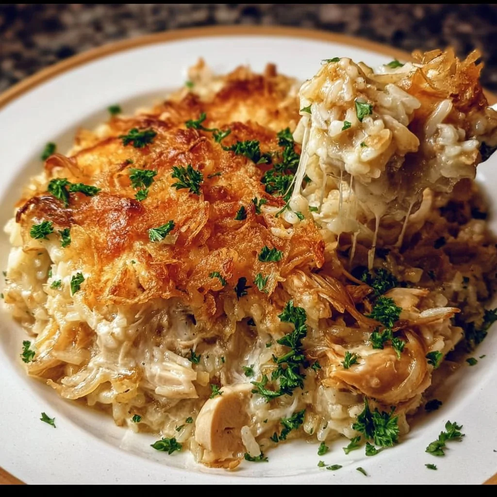 Delicious French onion chicken rice casserole with melted cheese and herbs.