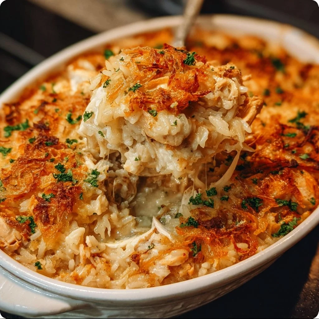 Delicious French Onion Chicken Rice Casserole topped with melted cheese