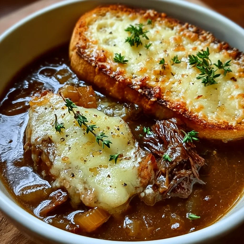 Bowl of French Onion Short Rib Soup topped with melting Gruyère cheese