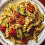 Fresh garden tomato zucchini pasta with colorful veggies and herbs.