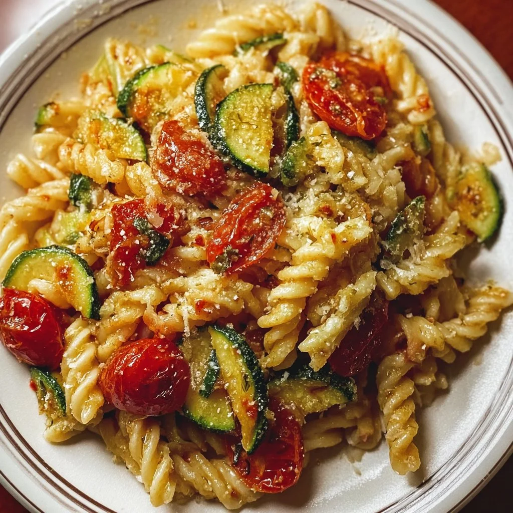 Fresh garden tomato zucchini pasta with colorful veggies and herbs.