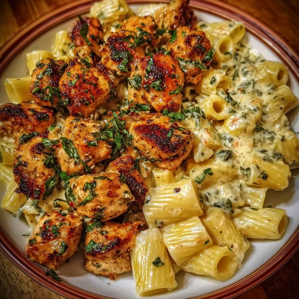 Delicious garlic butter chicken bites served with creamy rigatoni pasta.
