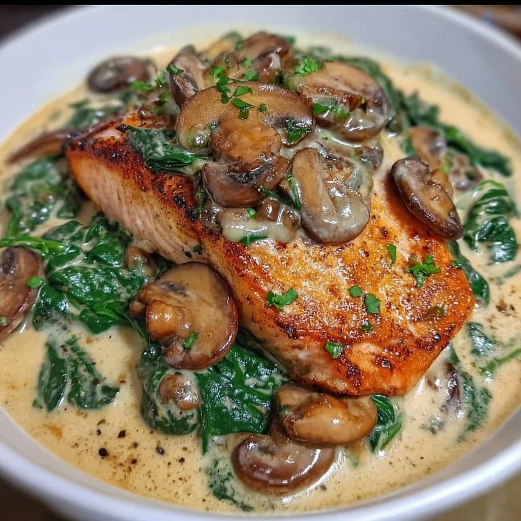 Garlic Butter Salmon served with spinach and mushrooms in creamy sauce