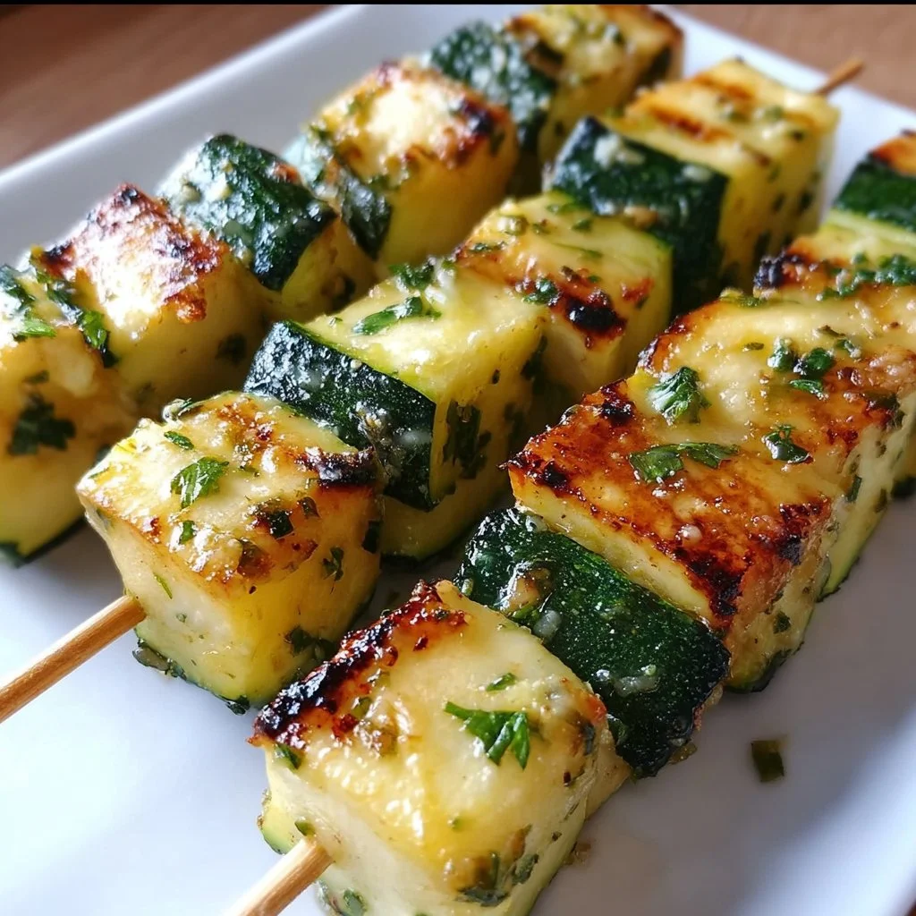 Grilled garlic butter zucchini skewers ready to serve.