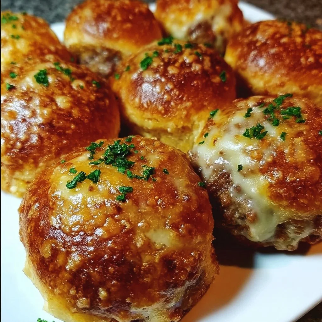 Delicious Garlic Parmesan Cheeseburger Bombs ready to serve for a feast.