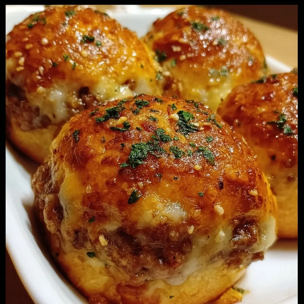 Garlic Parmesan Cheeseburger Bombs served on a plate with dipping sauce.