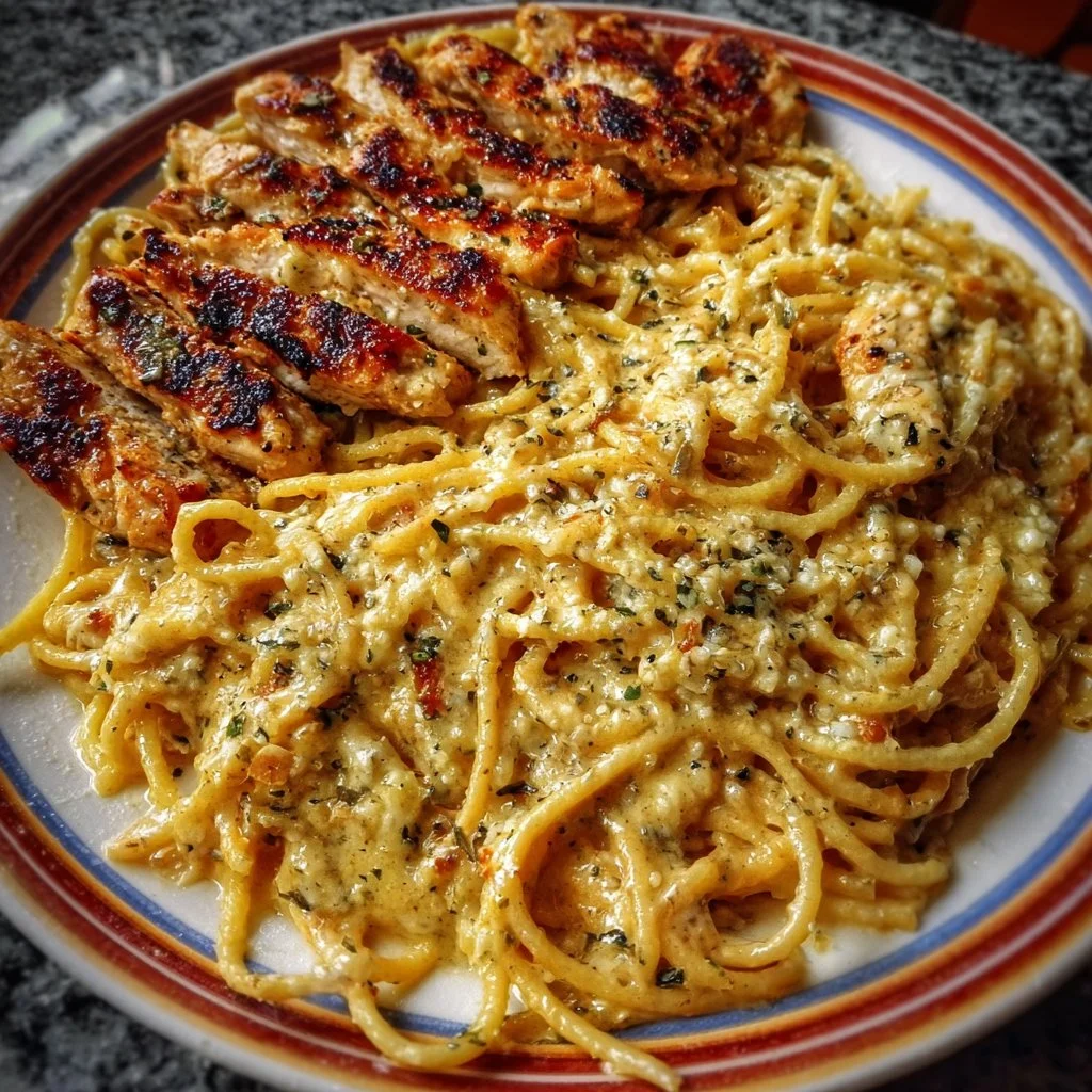 Garlic Parmesan Chicken Spaghetti in Spicy Cajun Cream Sauce served in a bowl