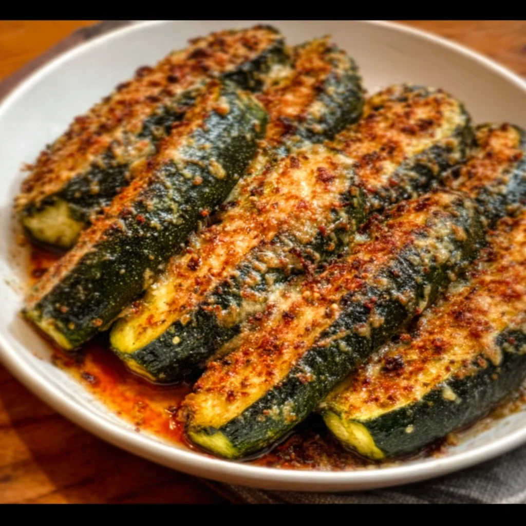 Delicious Garlic Parmesan Roasted Zucchini on a serving platter