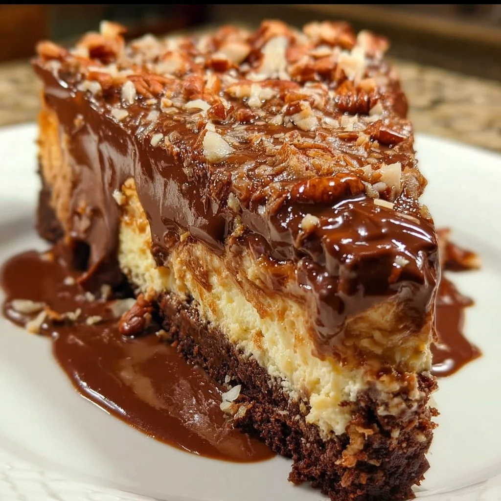 Delicious slice of German Chocolate Cheesecake topped with coconut and pecans