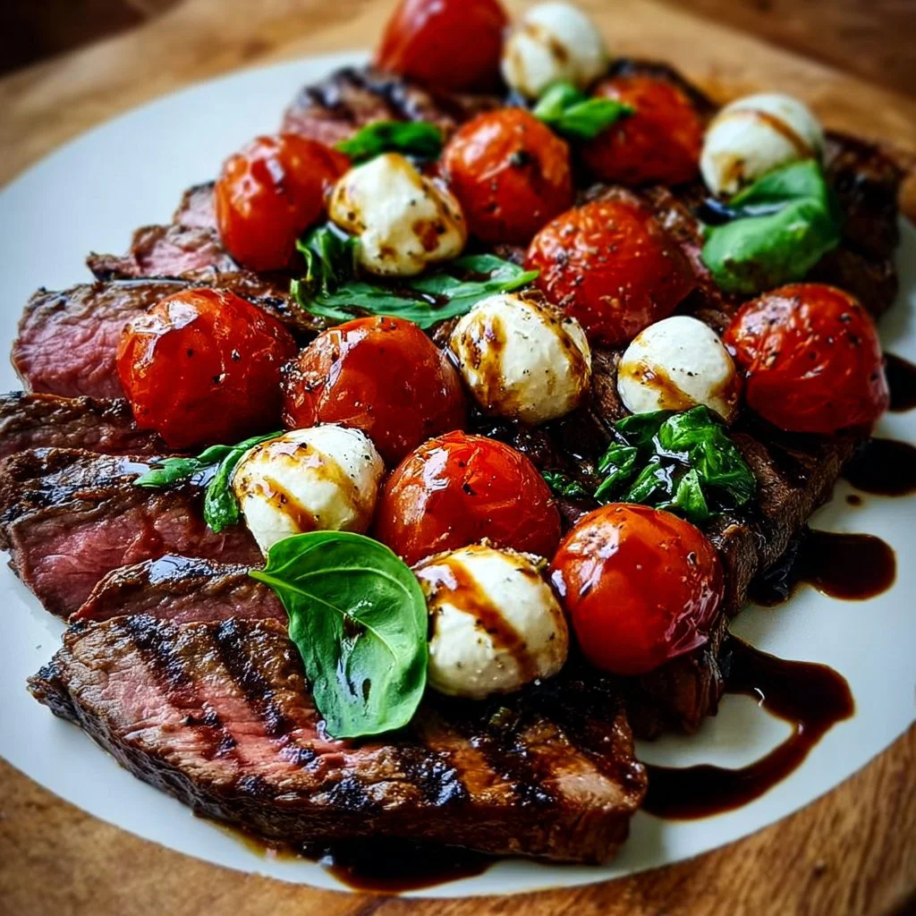 Grilled Steak Caprese topped with balsamic reduction on a serving plate.