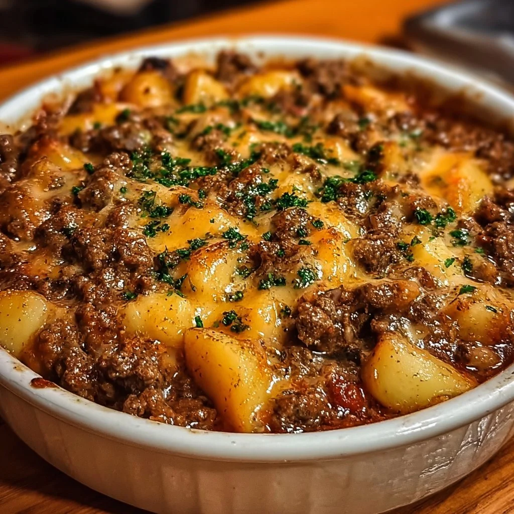 Delicious ground beef casserole baked with cheese and vegetables
