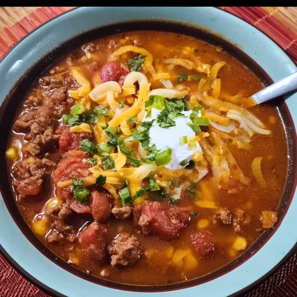 Bowl of hearty Ground Beef Taco Soup garnished with cilantro and lime.