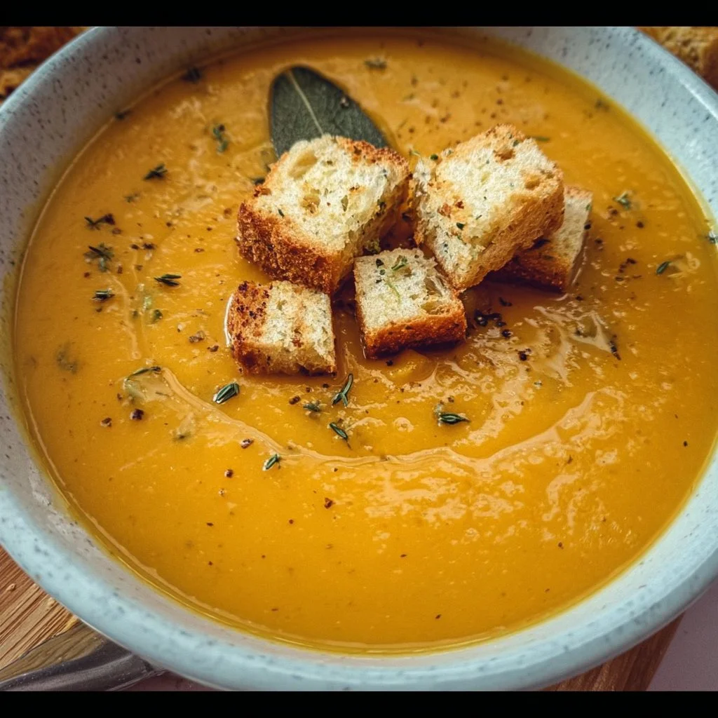 Bowl of healthy butternut squash soup topped with herbs and served with crusty bread.