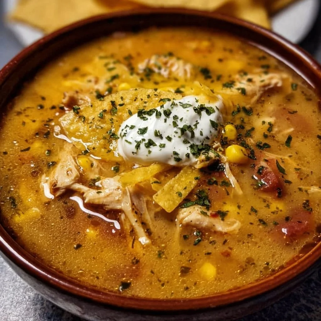 Bowl of hearty chicken tortilla soup garnished with tortilla strips and fresh herbs