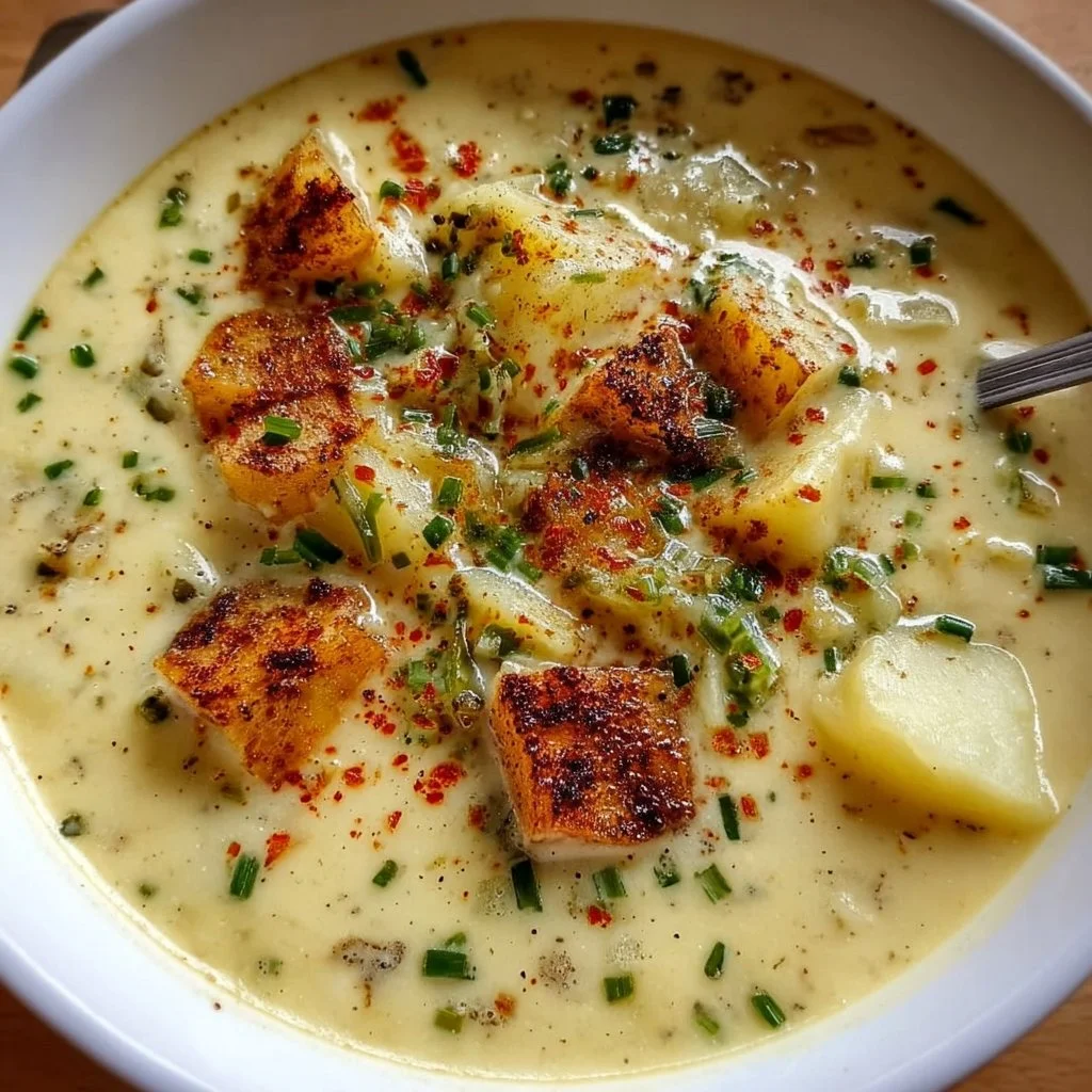 Delicious bowl of hearty creamy potato soup topped with herbs