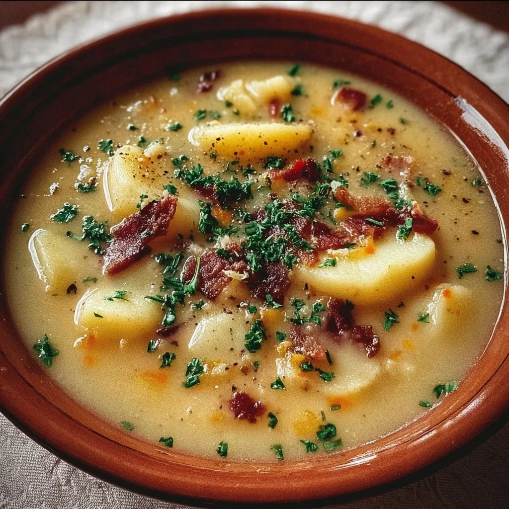 Bowl of hearty one pot rustic potato soup with herbs and bread on a wooden table.