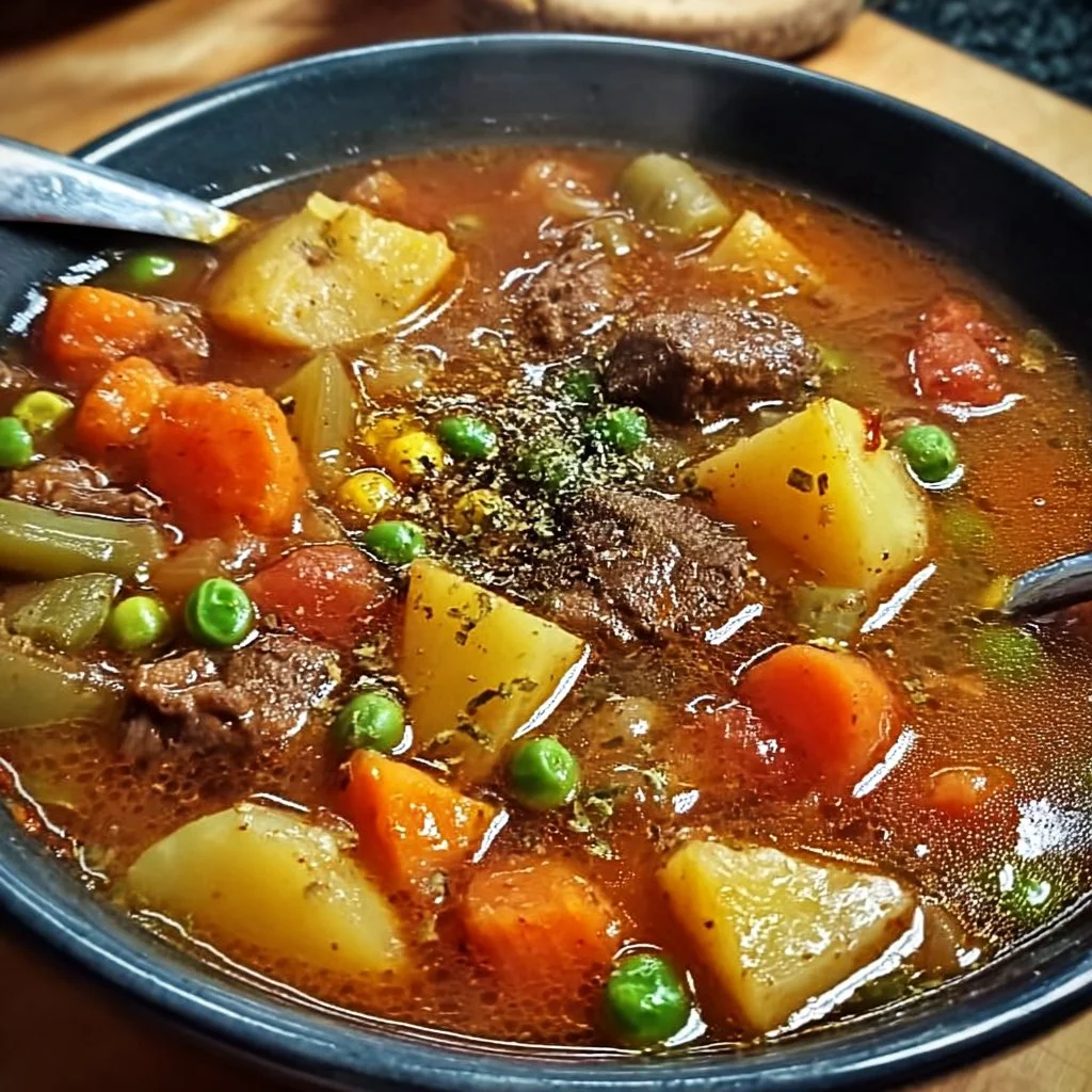 Bowl of hearty vegetable beef soup filled with vegetables and beef
