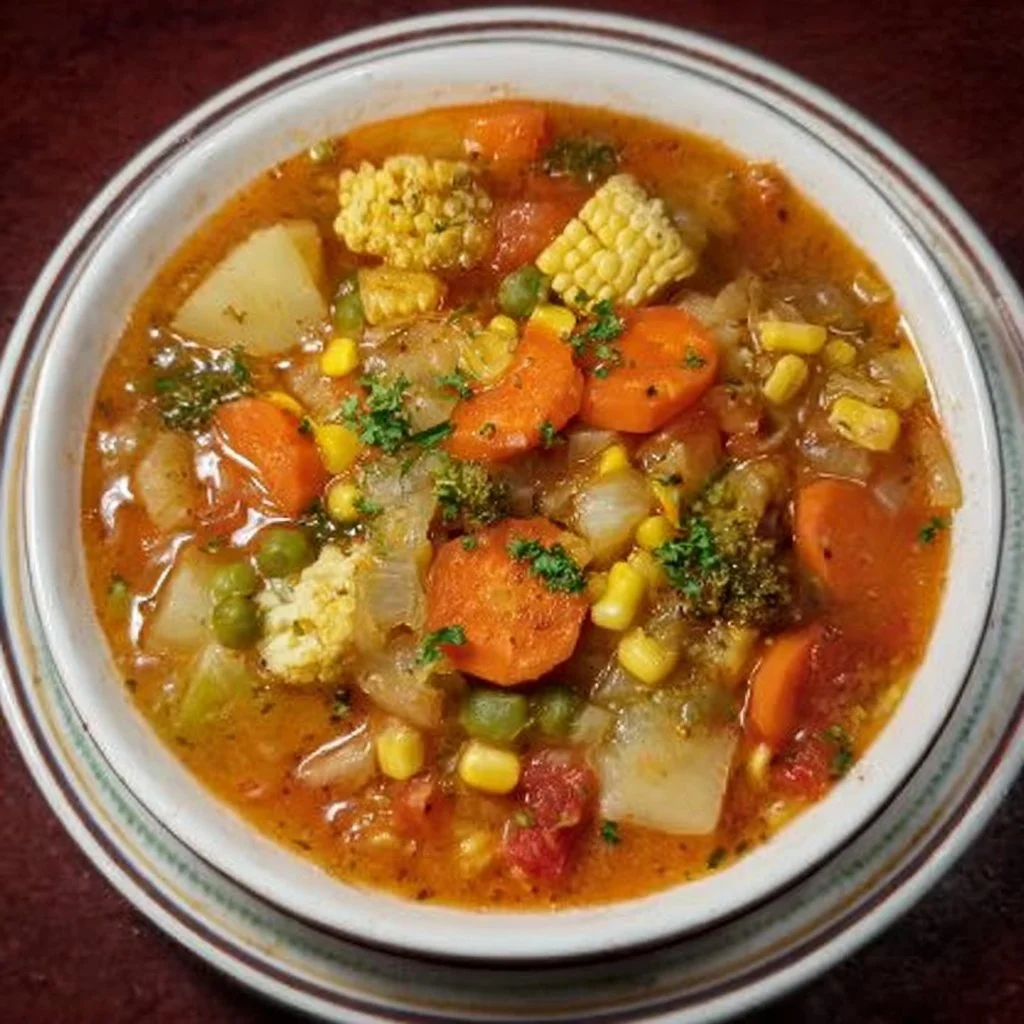 A bowl of hearty vegetable soup filled with vibrant vegetables and herbs.
