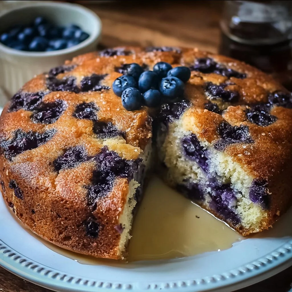Slice of blueberry buttermilk cake on a plate with fresh blueberries